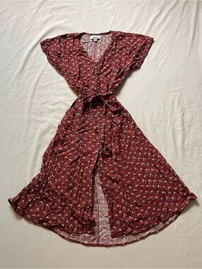 Sonoma Rust Red Floral Front- Button Down Midi Dress